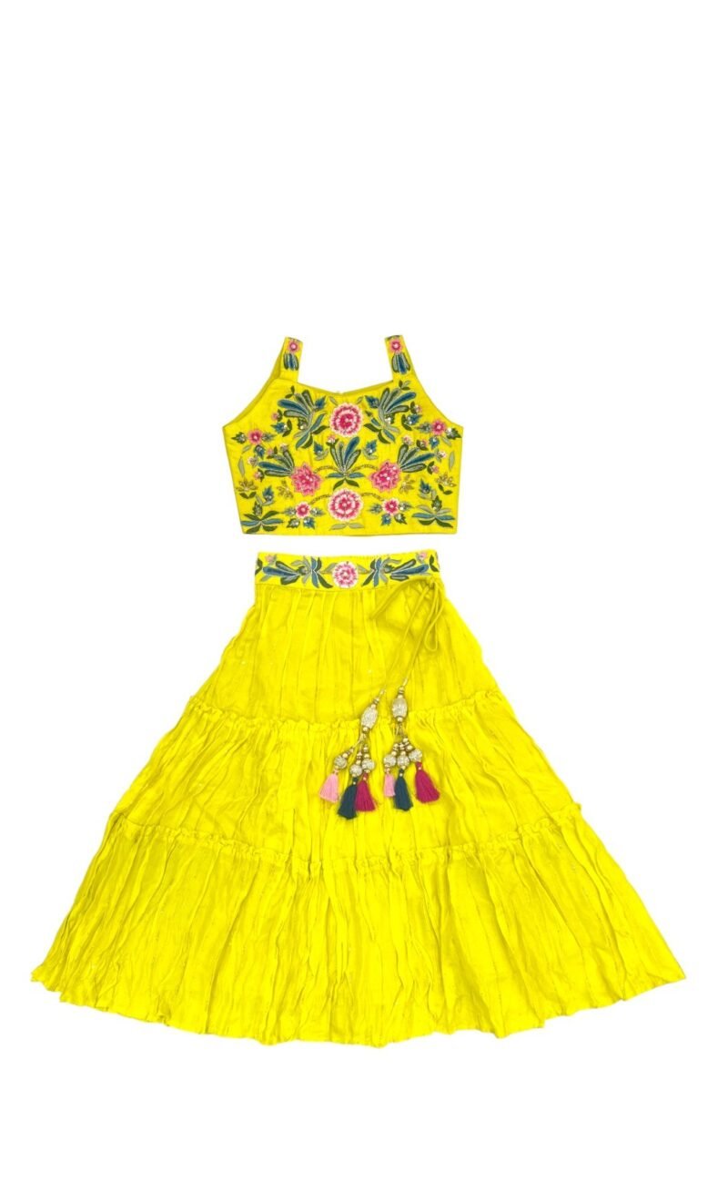 Yellow Lehenga Choli Set – Floral Thread Work Choli and Yellow Lehenga for Girls - Image 2