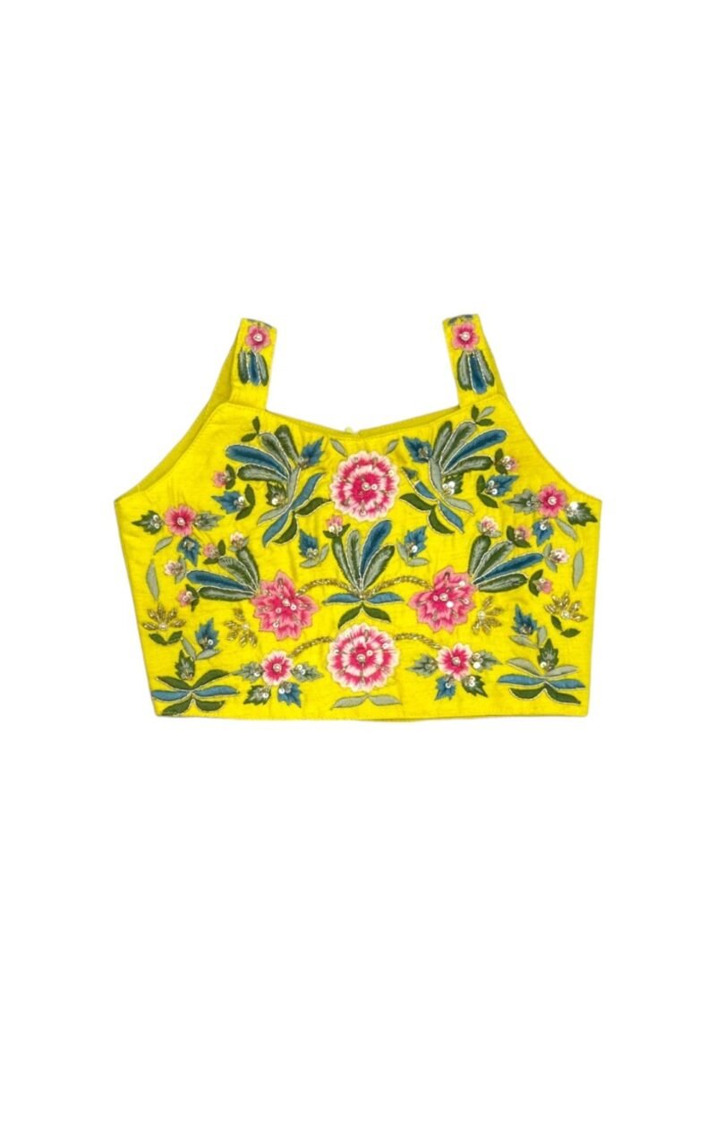 Yellow Lehenga Choli Set – Floral Thread Work Choli and Yellow Lehenga for Girls - Image 3