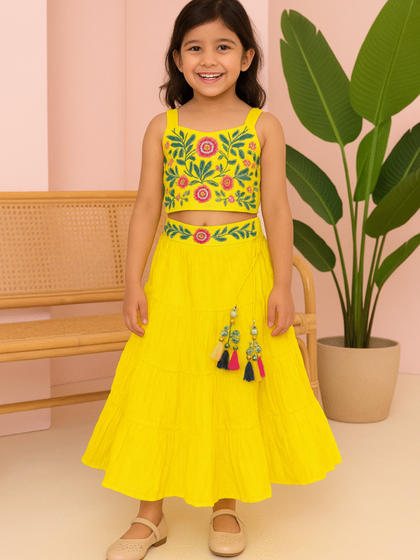 Yellow Lehenga Choli for Girls with Floral Thread and Moti Work
