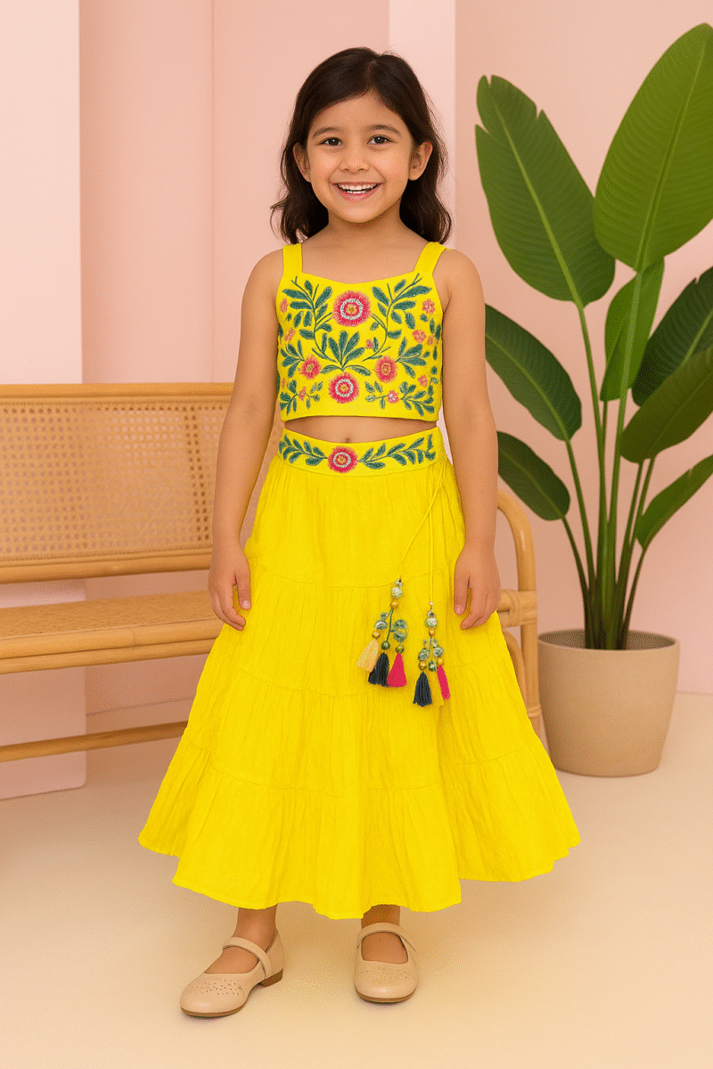 Yellow Lehenga Choli for Girls with Floral Thread and Moti Work