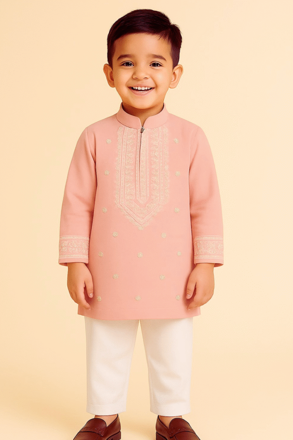 Peach Embroidered Kurta Set for Boys – Premium Cotton Ethnic Wear with Pajama