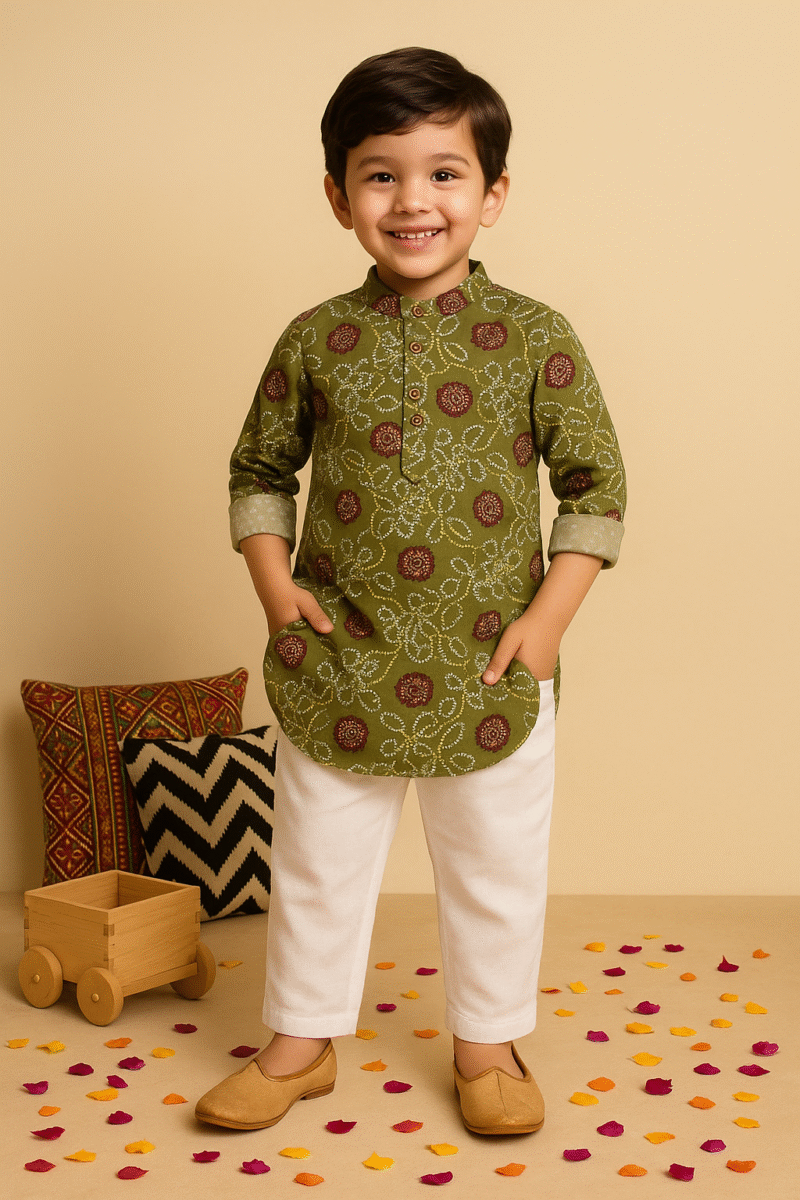 Green Bandhani Kurta Set for Boys – Traditional & Elegant