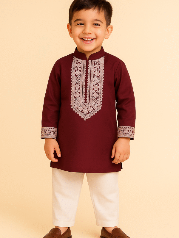 Maroon Kurta Set for Boys | Embroidered Ethnic Wear with White Pajama – Sheetal Fashion