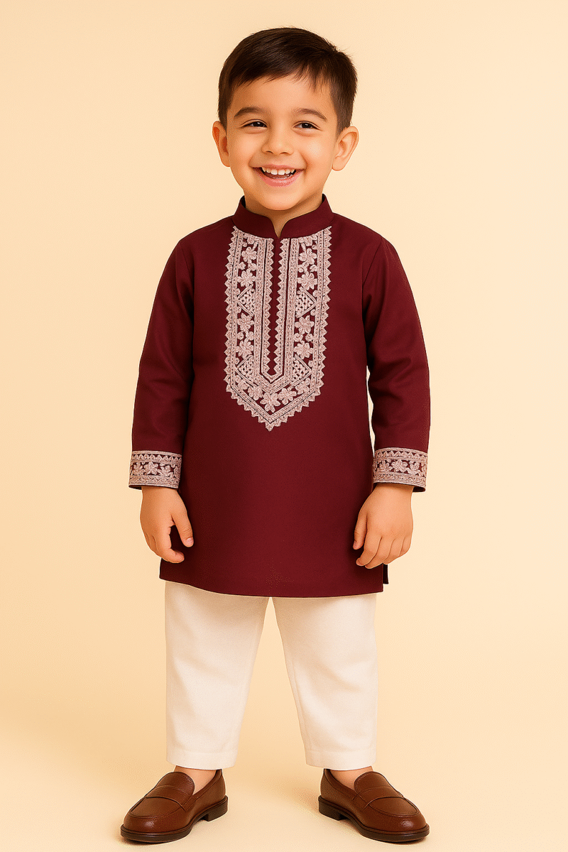 Maroon Kurta Set for Boys | Embroidered Ethnic Wear with White Pajama – Sheetal Fashion