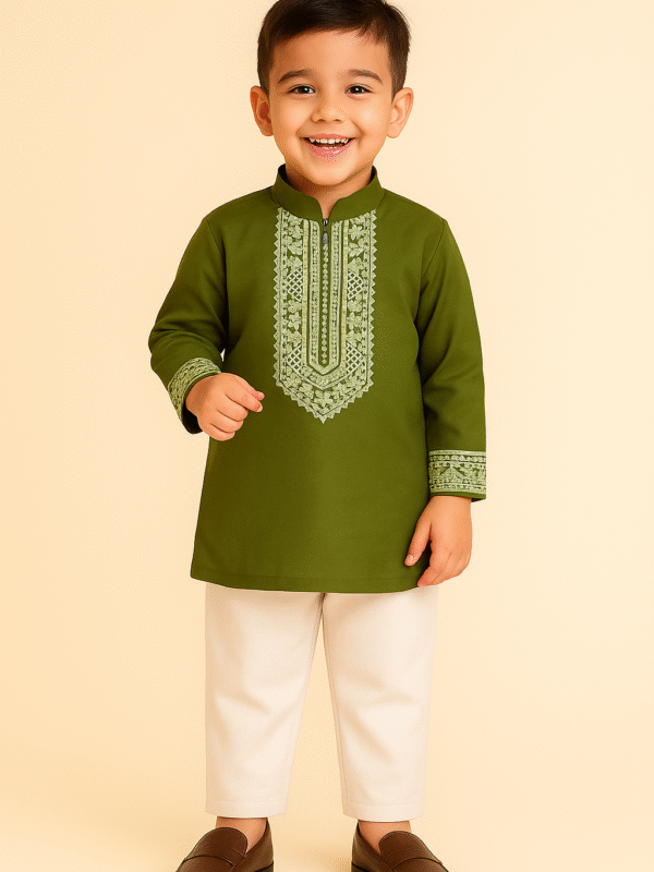 Mehendi Green Embroidered Kurta Pajama Set for Boys | Festive Ethnic Wear