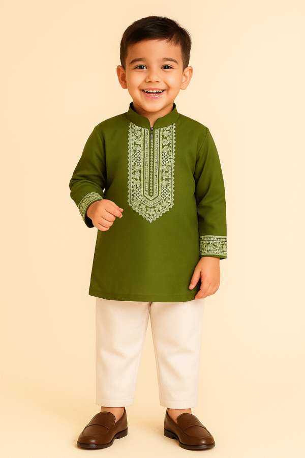 Mehendi Green Embroidered Kurta Pajama Set for Boys | Festive Ethnic Wear