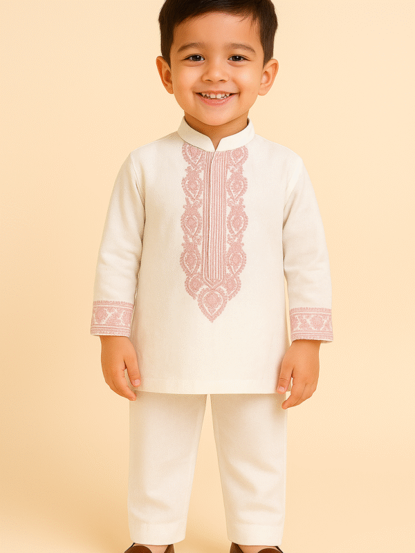 White Kurta Pajama Set for Boys with red Border Thread Work – Soft Cotton Silk
