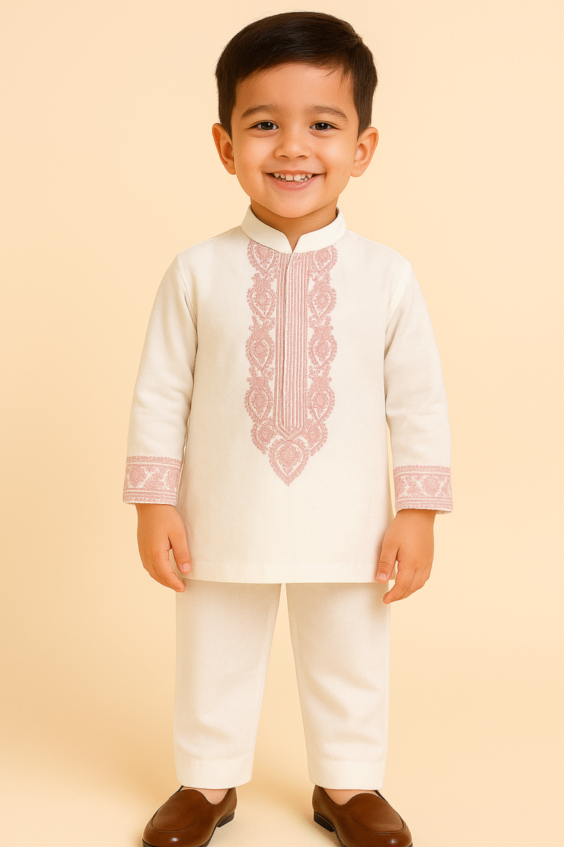White Kurta Pajama Set for Boys with red Border Thread Work – Soft Cotton Silk