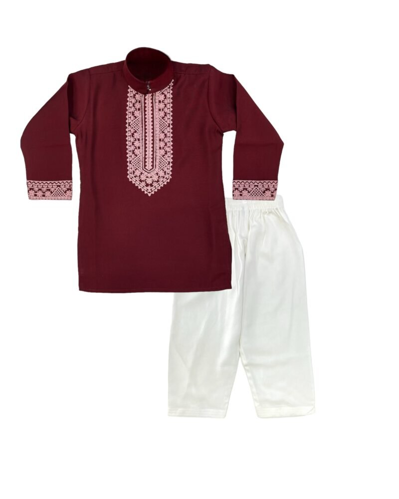 Maroon embroidered kurta set for boys with white pajama – front view