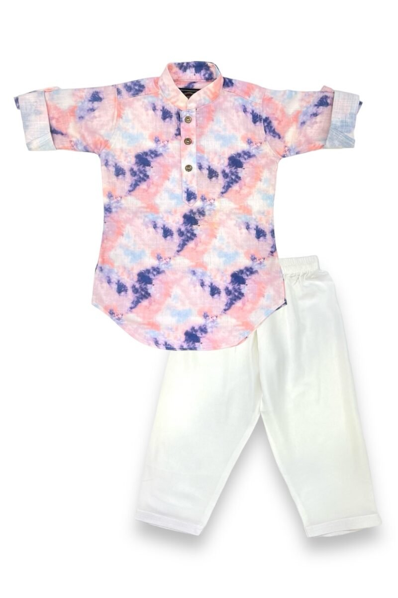 Pink Purple Kurta Set for Boys – Tie & Dye Festive Wear - Image 2