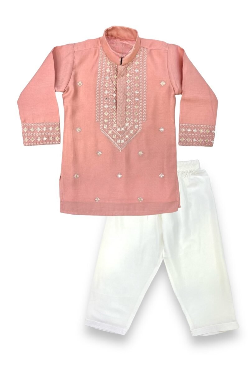Peach Embroidered Kurta Set for Boys – Premium Cotton Ethnic Wear with Pajama - Image 2