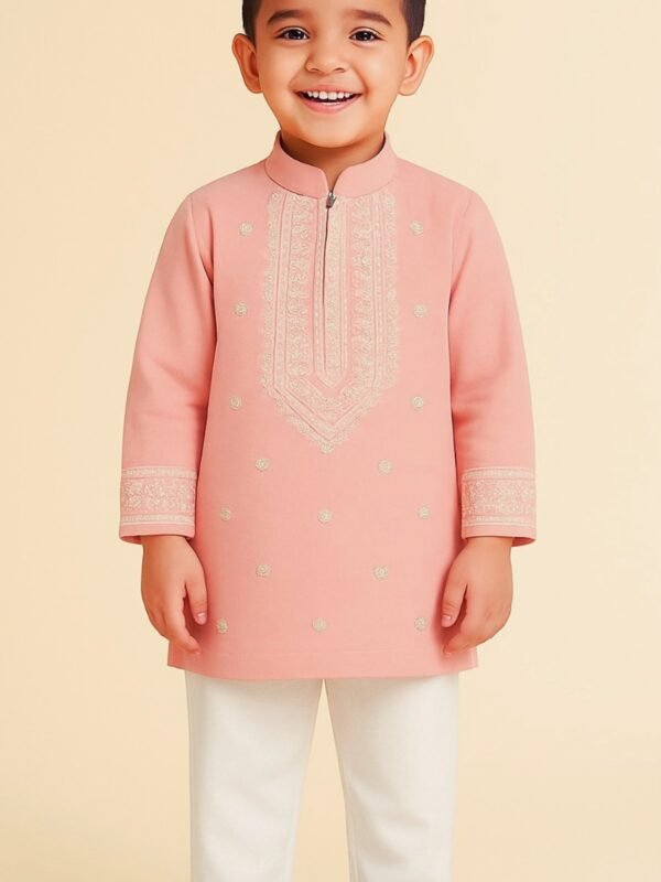 Peach Embroidered Kurta Set for Boys – Premium Cotton Ethnic Wear with Pajama