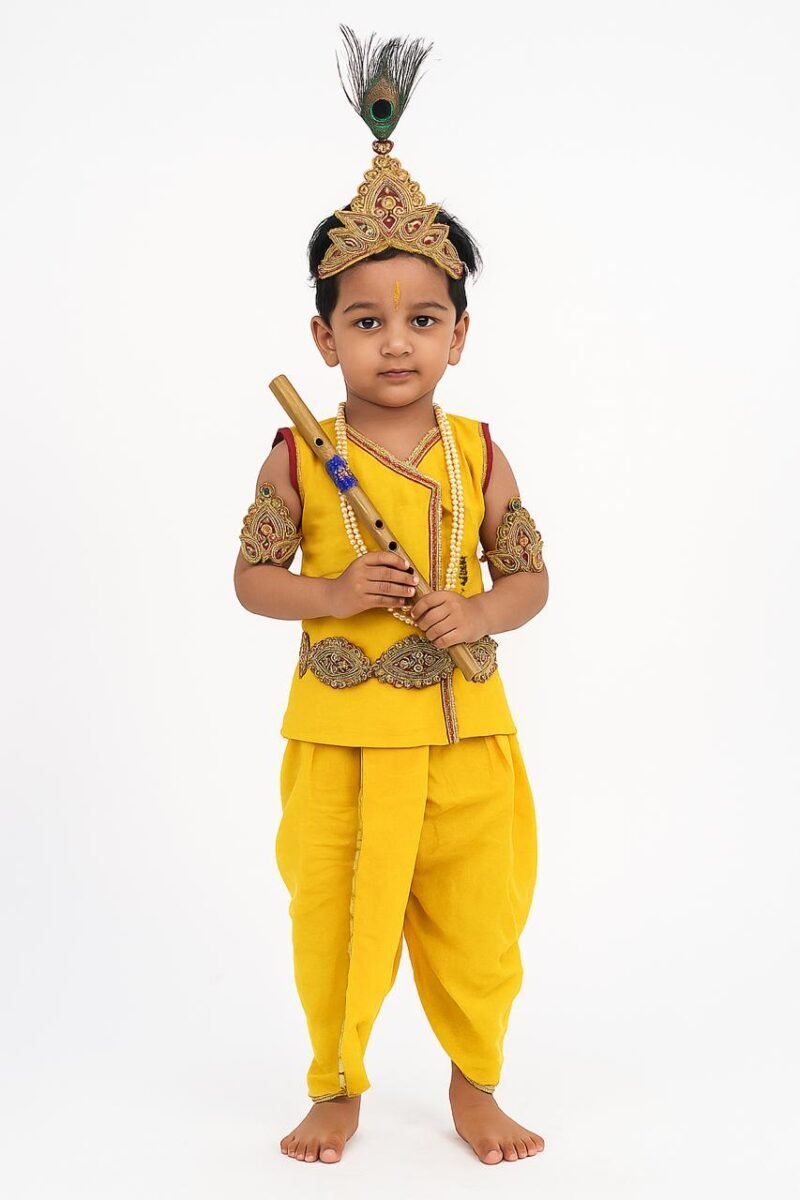 Janmashtami Kids Krishna Dress with Dhoti, Mukut, Mala and Flute
