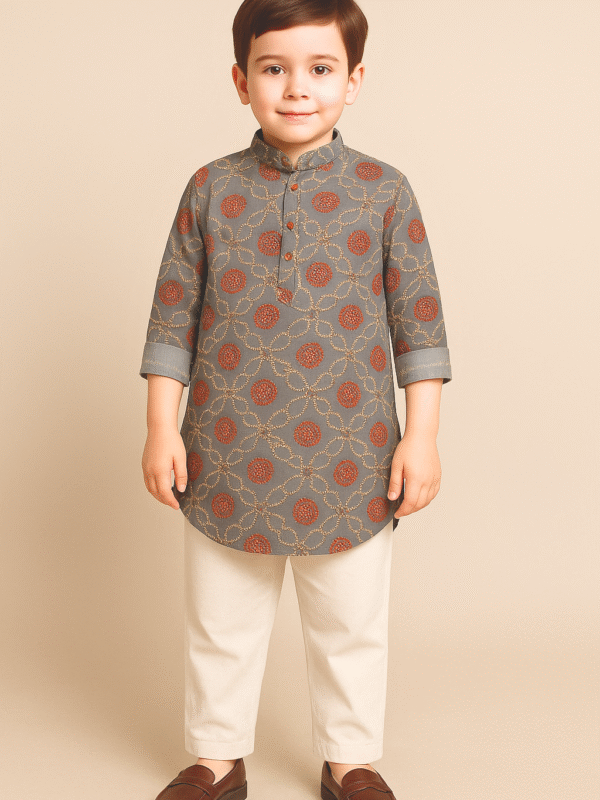 Grey Bandhani Kurta with Off-White Pajama for Boys