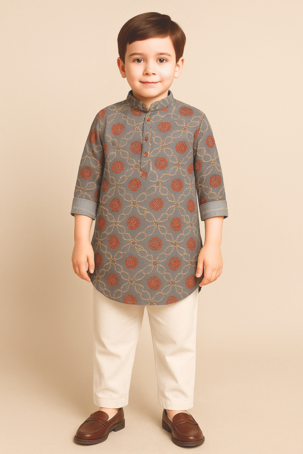 Grey Bandhani Kurta with Off-White Pajama for Boys