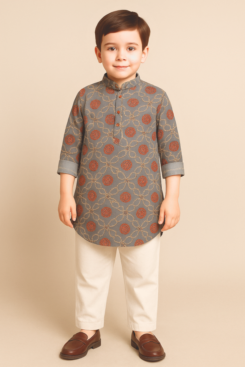 Grey Bandhani Kurta with Off-White Pajama for Boys