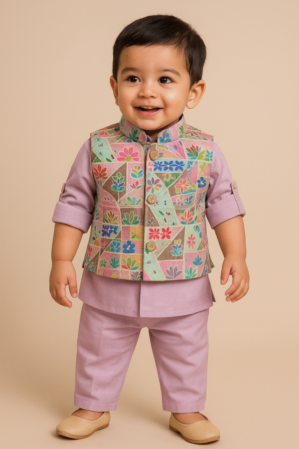 Light Purple Boy's Kurta Pyjama Jacket Set