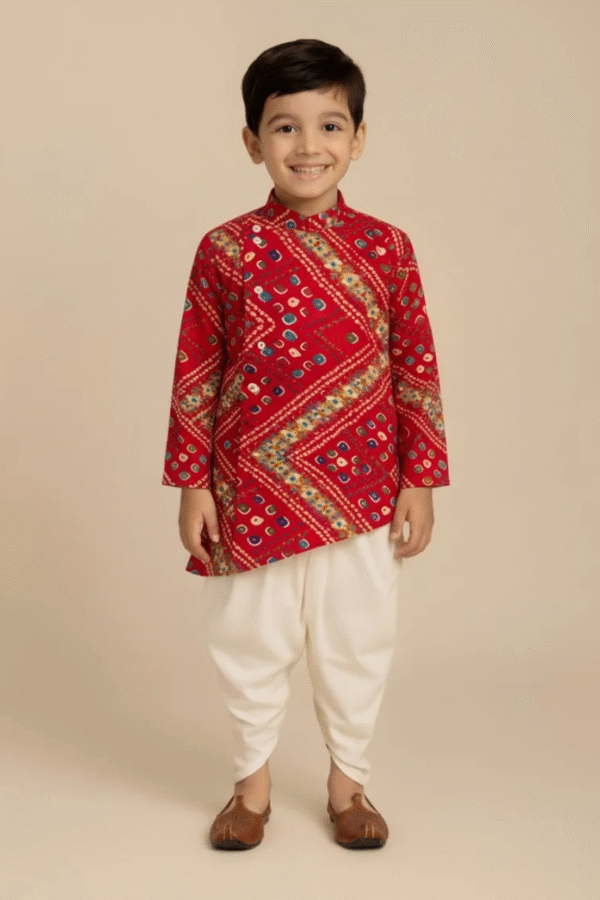 Red Bandhani Kurta Set For Boy's