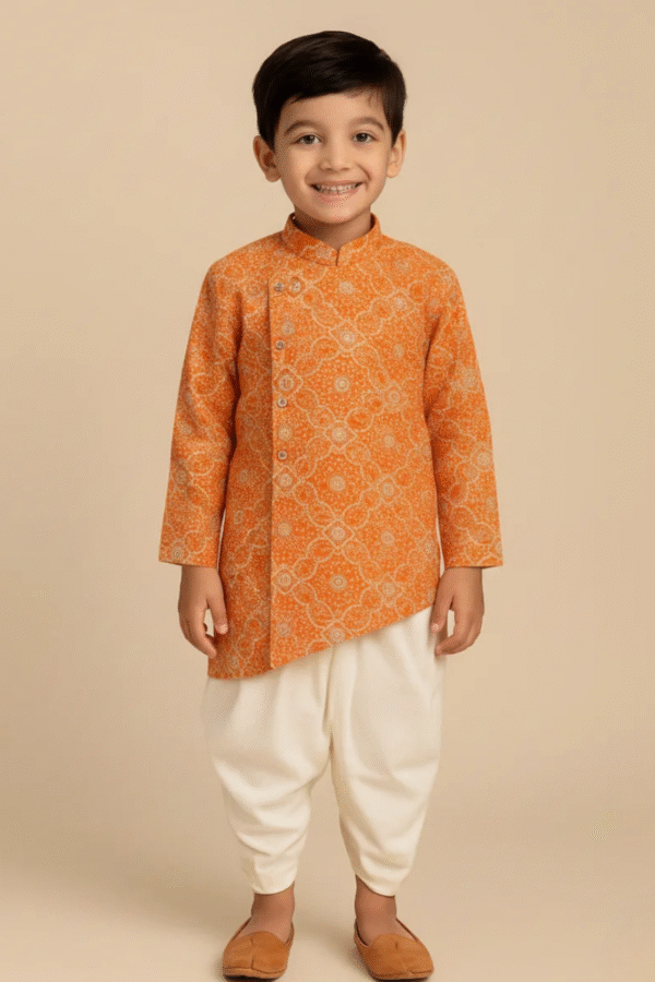 Orange Bandhani Kurta Set For Boy's