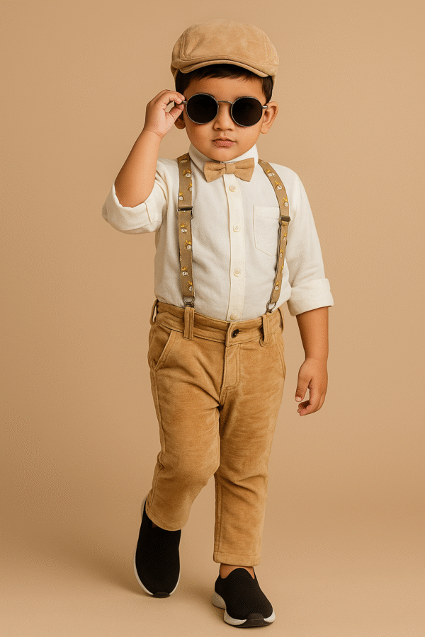 Cream Shirt & Camel Pant With Suspender Set