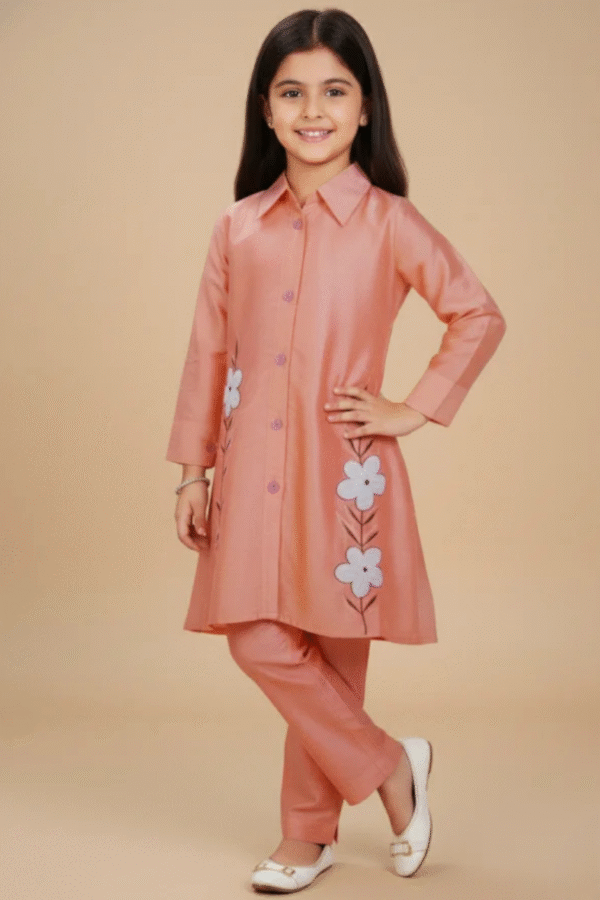Peach Floral Embroidered Top With Plazo Pants