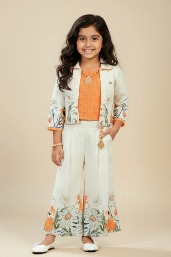 Cream Palazzo & Orange Top Jacket Set