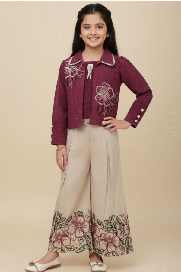Brown Wine Jacket & Cream Palazzo Set