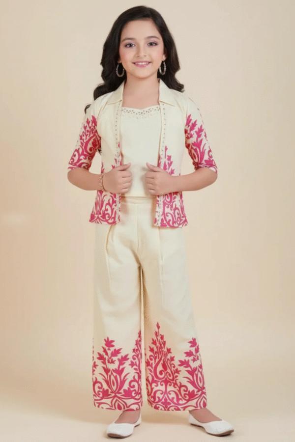 Cream & Pink Pattern Work Plazo Set With Jacket