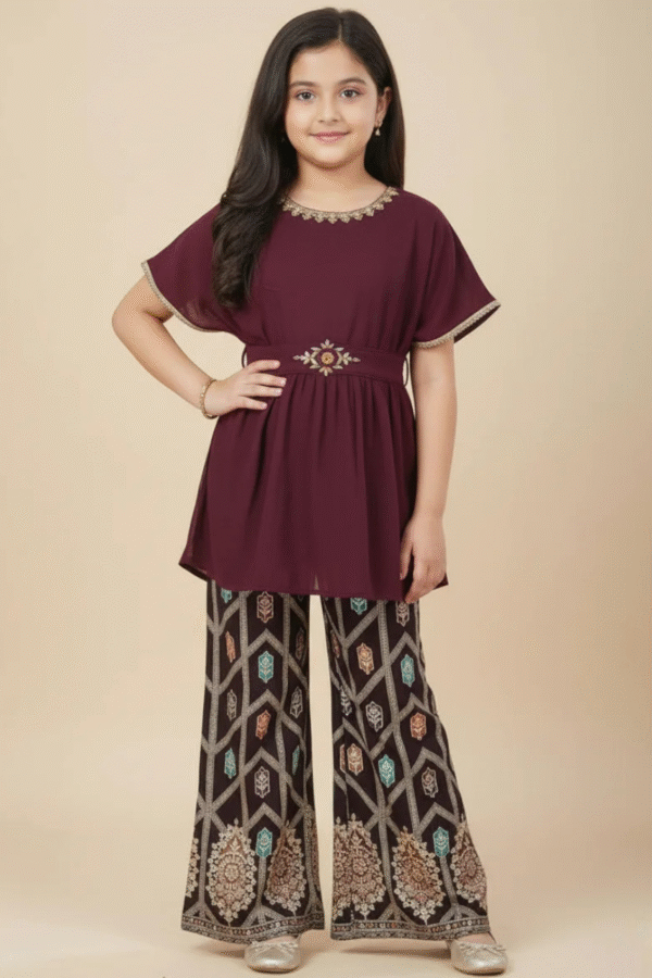 Wine Designer Plazo Set For Girl's