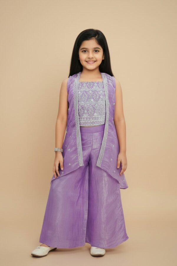 Lavender Embroidered Kurti with Plazo & Jacket Set