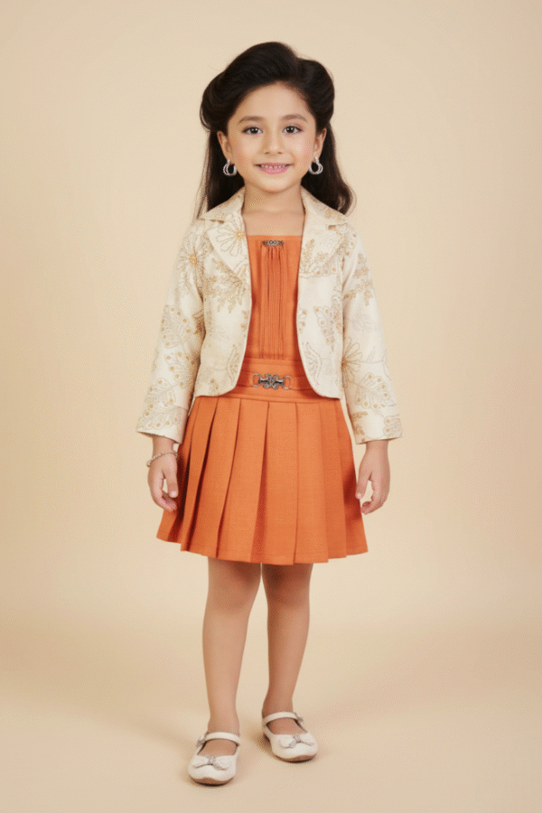 Rust Pleated Dress With Cream Embroidered Jacket