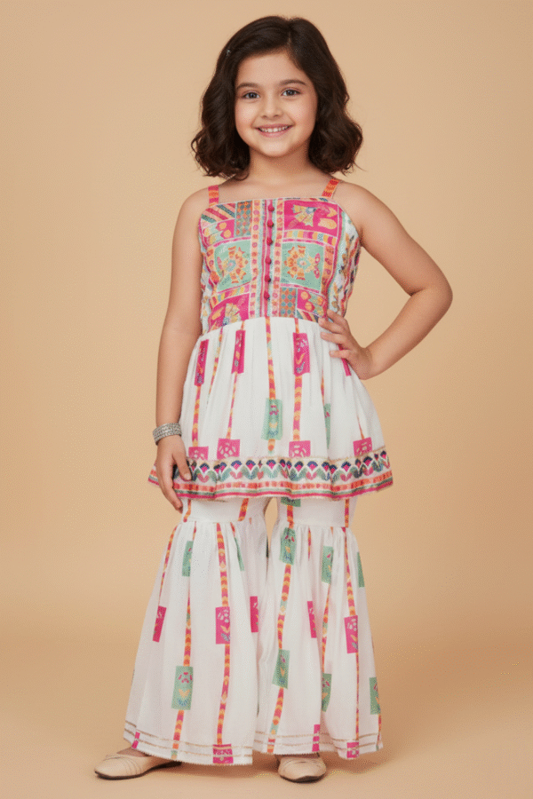 Cream & Pink Traditional Kurti With Sharara