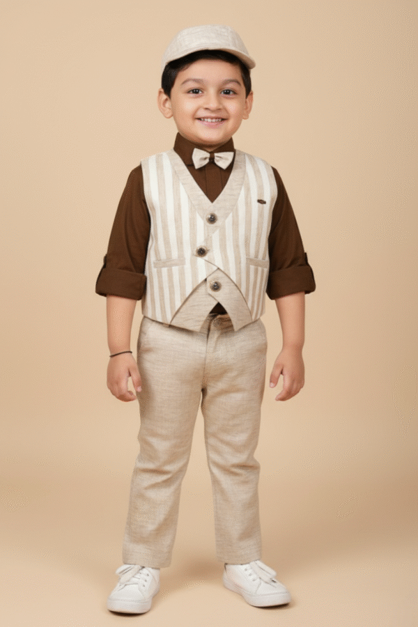 Cream Striped Waistcoat With Brown Shirt & Matching Pants