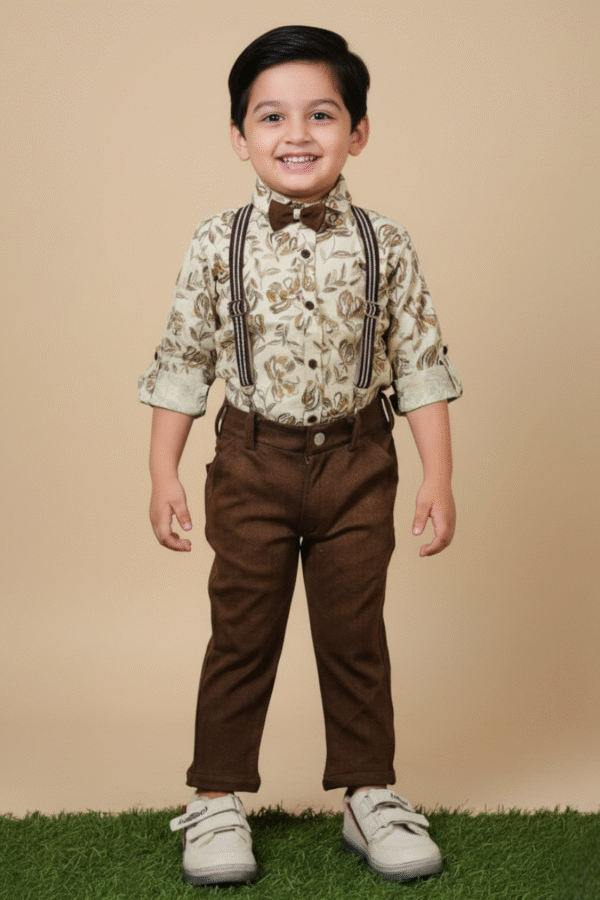 Cream Floral Printed Shirt With Brown Pants & Suspenders